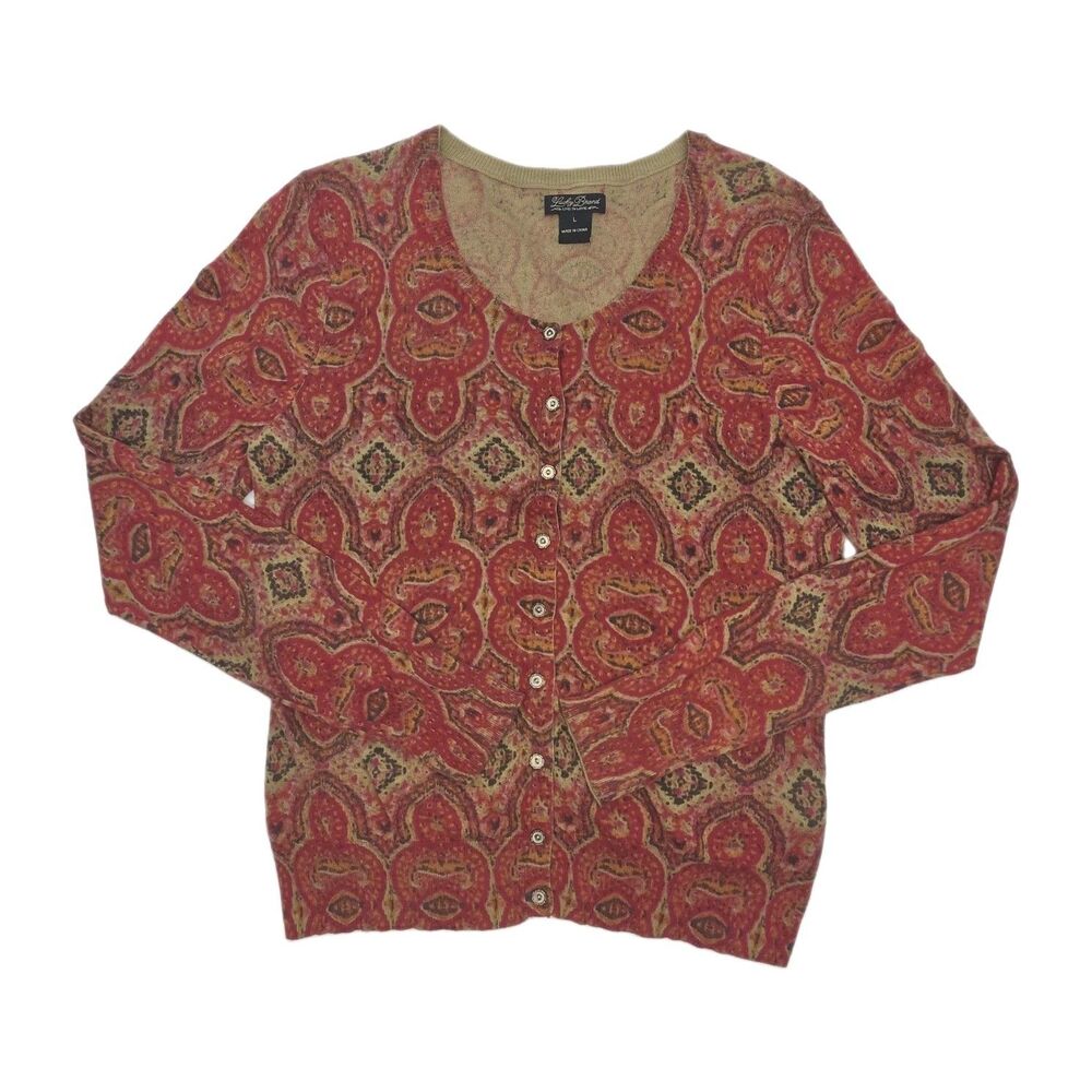 Lucky Brand Cardigan Sweater Women Sz Large Button Red Orange Cotton Boho